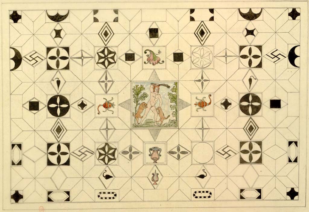 VI.17.25 or VI.17.36, Pompeii. Mosaic floor as drawn by Antoine-Marie Chenavard, c.1817.
See Chenavard, Antoine-Marie (1787-1883) et al. Voyage d'Italie, croquis Tome 3, pl. 102.
INHA Identifiant numérique : NUM MS 703 (3). See Book on INHA 
Document placé sous « Licence Ouverte / Open Licence » Etalab