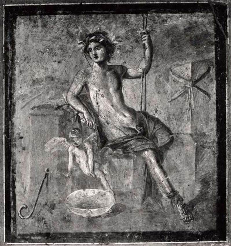 VI.17.25 or 36 Pompeii. Old undated photograph of painting of a sitting man with a small cherub. 
Now in Naples Archaeological Museum. Inventory number 9382.
See Helbig, W., 1868. Wandgemälde der vom Vesuv verschütteten Städte Campaniens. Leipzig: Breitkopf und Härtel, 1357.