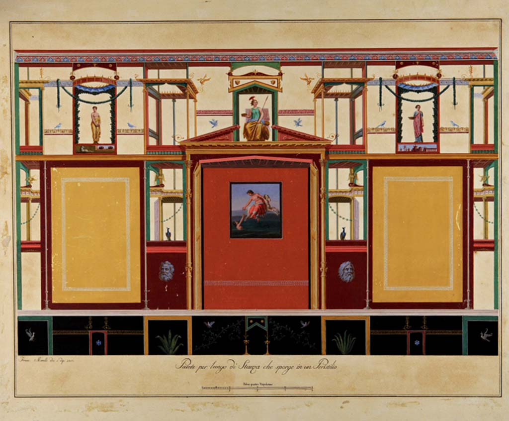VI.17.36 or 25, Pompeii. Painting by Francesco Morelli, 1810, showing the long wall of a room protruding onto a peristyle.
Now in Naples Archaeological Museum. Inventory number ADS 435.
Photo © ICCD. http://www.catalogo.beniculturali.it
Utilizzabili alle condizioni della licenza Attribuzione - Non commerciale - Condividi allo stesso modo 2.5 Italia (CC BY-NC-SA 2.5 IT)