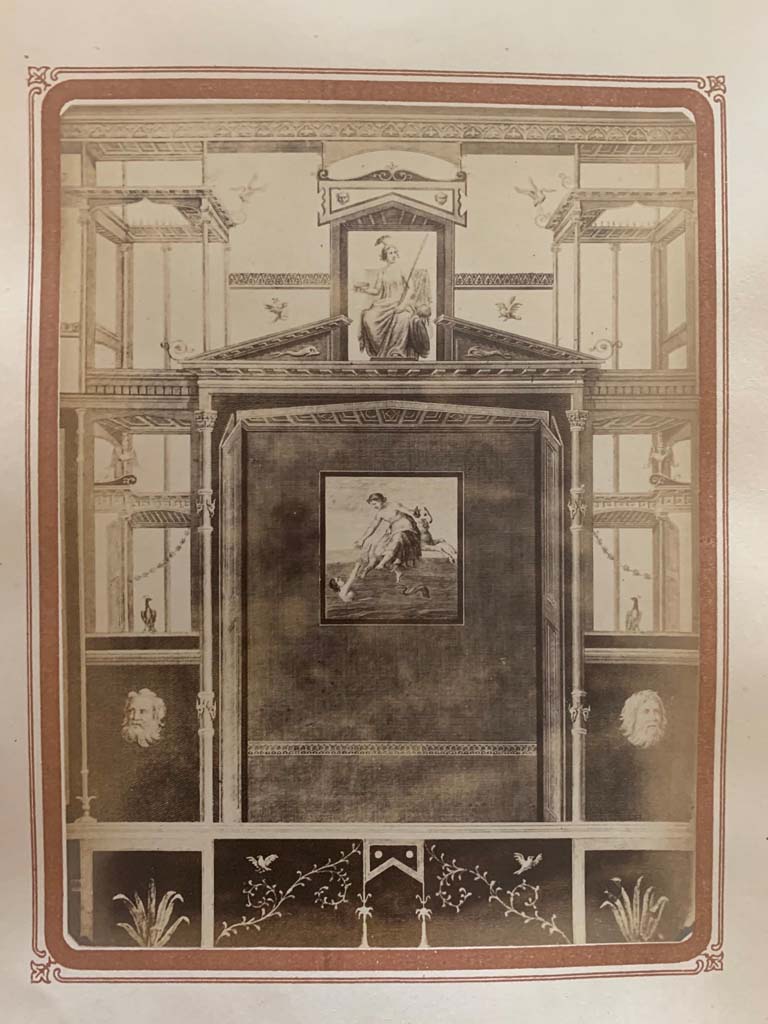 VI.17.36 or VI.17.25, Pompeii. From an album by Roberto Rive, dated 1868. 
Central part of the long wall of a room with central painting of Phrixus and Helle. Photo courtesy of Rick Bauer.
