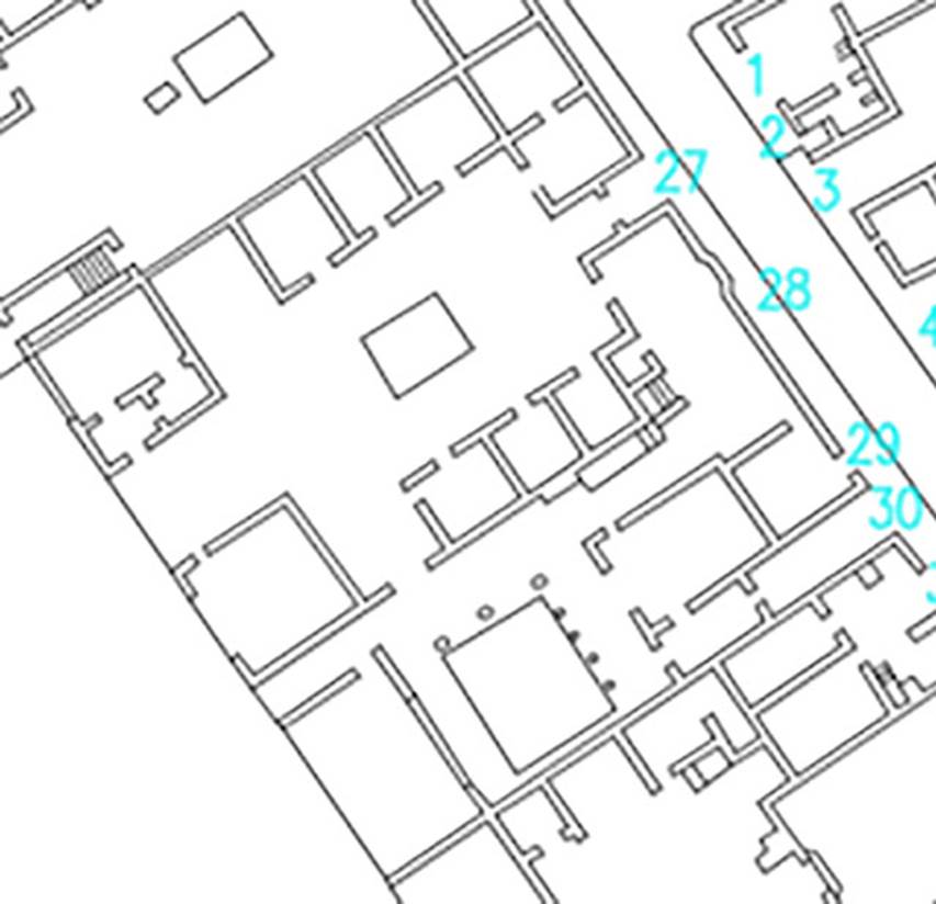 VI.17.27 Pompeii. Plan of VI.17.27, 28, 29 and 30. 
Based on Dobbins, J. J. and Foss, P. W., 2008. The World of Pompeii. Oxford: Routledge, CDRom.
According to Fiorelli –
VI.17.27-30, “La casa appresso, deformata per l’aggiunta di fabbriche moderne, aveva oltre il vestibolo ed il protiro due grandi celle ai lati della porta, con discesa dalla via nella sottostante cantina. Il suo atrio tuscanico, tenendo tre cubicoli ed un’ala da ciascun lato, mostrava in fondo il tablino, cui erano adiacenti un oecus e due cubicoli, preceduti da una cella che loro serviva di vestibolo.
Dall’ala meridionale entravasi poi nel giardino,il cui portico schiudeva il varco ad un’exedra, ad un triclinio, ad una apotheca, alla cucina, ad una gradinata per montare di sopra, e ad altre celle annesse, da una delle quali potevasi entrare nell’atrio, e da altra pervenire alla fauce, che menava alla porta secondaria della casa.”
See Fiorelli, G. (1875). Descrizione, (p.434)
See Pappalardo, U., 2001. La Descrizione di Pompei per Giuseppe Fiorelli (1875). Napoli: Massa Editore. (p.159)
(translation - 
“VI.17.27-30. The house, deformed by the addition of a modern building, had apart from the vestibule and the entrance corridor, two large rooms on either side of the doorway, with descent from the roadway into the cellar below. Its Tuscan atrium, with three cubicula and an ala on each side, showed the tablinum at the rear, adjacent to which were an oecus and two cubicula, preceded by a room that was used as a vestibule.
From the south ala, one could enter into the garden area, whose portico had the doorway to an exedra, and to a triclinium, and to an apotheca, to the kitchen, and to a staircase to go up above, and to other adjoining rooms, from one of which one could enter into the atrium, and from the other to the fauces, which lead to the secondary doorway of the house.”