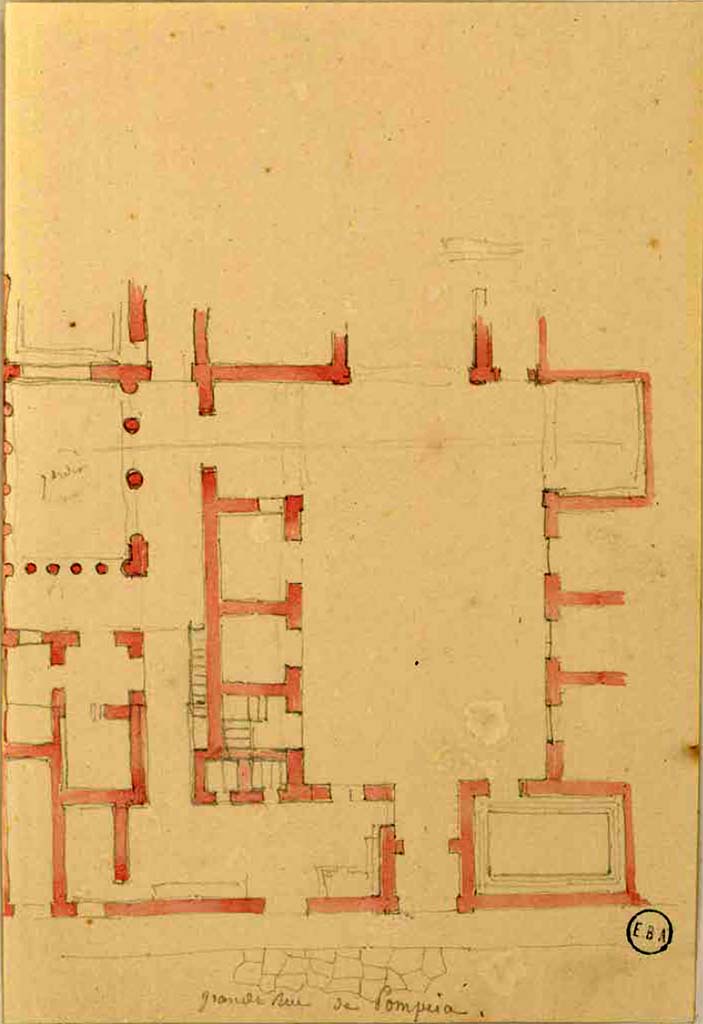 VI.17.27 Pompeii. Sketch by Lesueur of plan, with house entrance on west side of Via Consolare.
See Lesueur, Jean-Baptiste Ciceron. Voyage en Italie de Jean-Baptiste Ciceron Lesueur (1794-1883), pl. 20.
See Book on INHA reference INHA NUM PC 15469 (04)  « Licence Ouverte / Open Licence » Etalab