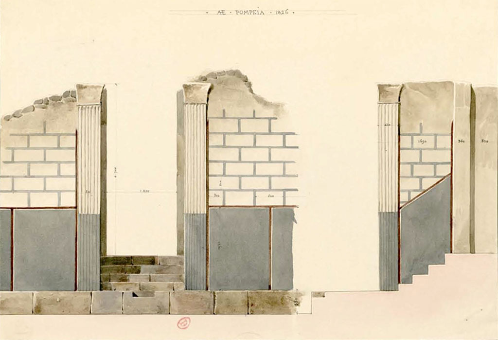 VI.17.32 Pompeii. 1826. Watercolour sketch by P.A. Poirot, of entrance doorway and painted stucco of facade. 
According to PAH, the external façade of this house was clad with white stucco, with squarings imitating large stones, and between them were seen distinct lines coloured blue.
See Poirot, P. A., 1826. Carnets de dessins de Pierre-Achille Poirot. Tome 2 : Pompeia, pl. 74.
See Book on INHA  Document placé sous « Licence Ouverte / Open Licence » Etalab