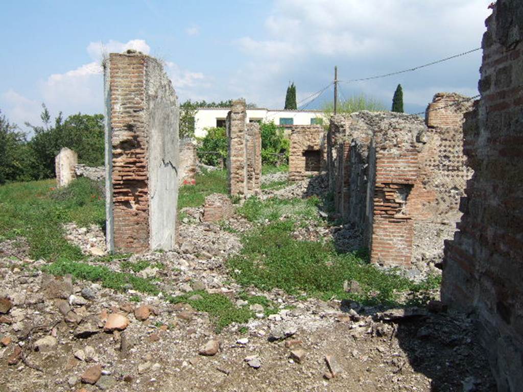 VI.17.32 Pompeii. May 2006. Looking north along remains of east side of rear peristyle area, taken from VI.17.41.
According to Jashemski, steps at each entrance (VI.17.32 and 36) led to an atrium: immediately at the rear of these there was a large peristyle garden.
This was enclosed by a portico on 4 sides.  
In the middle of the garden was a pool with a fountain, with little steps leading into the pool, but this was no longer in existence when Breton wrote.
See Jashemski, W. F., 1993. The Gardens of Pompeii, Volume II: Appendices. New York: Caratzas. (p.166 with plan)
See Breton, Ernest. 1870. Pompeia, Guide de visite a Pompei, 3rd ed. Paris, Guerin. (p.266)
According to Pagano –
VI.17.32 and 36. Casa di Giulio Polibio.
“Vi si ascende per due ingressi communicanti con due sale o vestibuli, che tengono le veci dell’atrio. Tutti e due i vestiboli mettono in un gran peristilio circondato da un portico d’ordine corinzio, e avente nel mezzo una fontana; sembra che le arcate del portico potessero chiudersi con trlai di vetro.”
(translation:
"Here, one ascends to two entrances communicating with two rooms or vestibules, which take the place of the atrium. Both vestibules lead into a great peristyle surrounded by a Corinthian portico, and having a fountain in the middle; it seems that the arches of the portico could have been closed with glass frames."
See Pagano, N. (1868).Guida di Pompei. 2nd ed. (p.58-59)
)