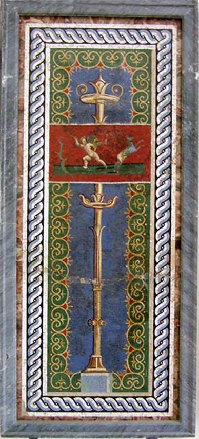 VI.17.36 Pompeii?  One of two panels with candelabra, cupid and deer. 
Now in Naples Archaeological Museum. Inventory number 10012.
The museum card says it was found in VI.17.36. 
According to Prisciandaro and Pagano, it was found on 30th April 1752 in the Villa San Marco at Stabia together with other mosaics.
See Pagano, M. and Prisciandaro, R., 2006. Studio sulle provenienze degli oggetti rinvenuti negli scavi borbonici del regno di Napoli.  Naples: Nicola Longobardi, p. 239.