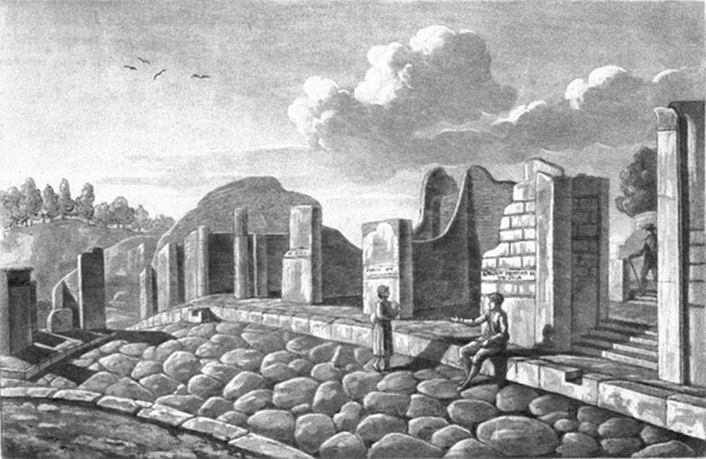 VI.17.36 Pompeii. 1819 drawing with title “Maison de Julius Polybius”. 
VI.17.36 is on the left of centre of the drawing, with the step cut in the stone block in front of the kerb.
VI.17.32 is on the right, with the indentation in the kerb, and the steps up.
See Wilkins H, 1819. Suite de Vues Pittoresques des Ruines de Pompei, Rome, pl. XII.
According to Pagano –
VI.17.32 and 36. Casa di Giulio Polibio.
“Vi si ascende per due ingressi communicanti con due sale o vestibuli, che tengono le veci dell’atrio. Tutti e due i vestiboli mettono in un gran peristilio circondato da un portico d’ordine corinzio, e avente nel mezzo una fontana; sembra che le arcate del portico potessero chiudersi con trlai di vetro.”
(translation:
"Here, one ascends to two entrances communicating with two rooms or vestibules, which take the place of the atrium. 
Both vestibules lead into a great peristyle surrounded by a Corinthian portico, and having a fountain in the middle; it seems that the arches of the portico could have been closed with glass frames."
See Pagano, N. (1868).Guida di Pompei. 2nd ed. (p.58-59).