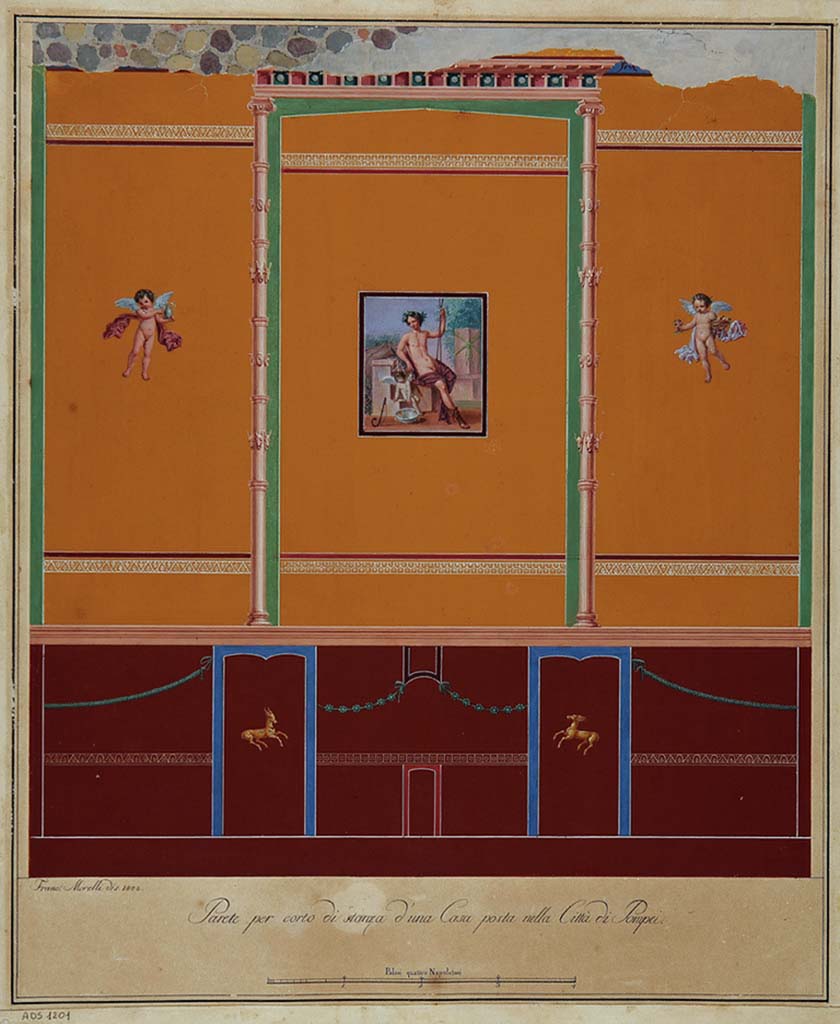 VI.17.36/32 or VI.17.25 Pompeii. Drawing by Franc. Morelli, of the short wall of a room. (1808). 
Now in Naples Archaeological Museum. Inventory number ADS 1201.
Photo © ICCD. http://www.catalogo.beniculturali.it
Utilizzabili alle condizioni della licenza Attribuzione - Non commerciale - Condividi allo stesso modo 2.5 Italia (CC BY-NC-SA 2.5 IT)
According to Bragantini, the wall reproduced here cannot be accurately identified, but is probably the one containing “the figure of a seated man with cupid”. 
(See Fiorelli G., 1860. Pompeianarum antiquitatum historia, Vol. 1: 1748 - 1818, Naples, 3, p.4 below).
The room was excavated 15th May 1808 in the presence of Giuseppe Bonaparte, and from 25th to the 30th November 1808, Morelli had applied himself to take the whole of the decoration. 
See Bragantini, I. in Carratelli, G., 2003. Pompei: la documentazione nell’opera di disegnatori e pittori dei secoli XVIII e XIX. Roma: Treccani, (p.96-7)