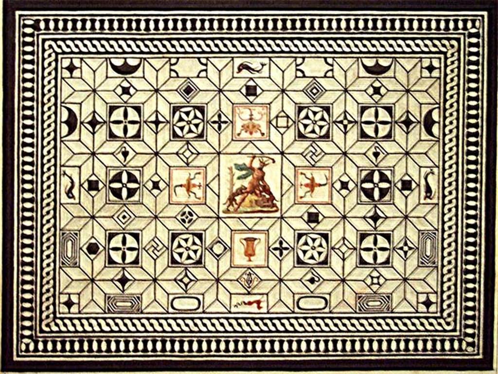 VI.17.36 Pompeii. c. 1800-1824. Painting of Actaeon Mosaic by F. Morelli. According to Niccolini, this was one of the most beautiful mosaics found at Pompeii. Rather than worked in mosaic, this floor would be said to be exquisitely painted, so great was the symmetry and equality of its details; and although it doesn't offer more than a geometric design, still it does not have a coldness, but has all the warmth of a composition.
In the square in the middle, we see Actaeon turned into a deer, being attacked by the dogs of Diana. See Niccolini F, 1890. Le case ed i monumenti di Pompei: Volume Terzo. Napoli, L’Arte in Pompei, tav. XIII.
According to Breton –  “This house was built on the ancient city ramparts, and had many floors on terraces leading down to the sea, it appears to have been very large
but despite the excavations made in 1808 and 1817, it had never been fully excavated. Of the remains, much of it was in a large state of degradation.  This house showed many remarkable peculiarities, having two doors onto the same street opening directly and without a prothyron onto two rooms bigger than an ordinary vestibule. The large Corinthian atrium (?peristyle) did not have a width of less than 28.9m: its portico was formed of arches and columns. The portico of the atrium, as well as several rooms, was paved with black and white mosaics.  A fountain that decorated this area was not placed in the axis of the atrium, but a little to the side, in order to face the door of main vestibule. In one of the rooms that surrounded the atrium was another small fountain. Under this house was the most beautiful cellar yet found at Pompeii.
See Breton, Ernest. (1855). Pompeia, decrite et dessine: 2nd ed. Paris: Baudry, (p.219-220)