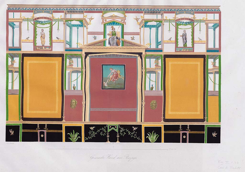 VI.17.36 or VI.17.25, Pompeii. Pre-September 1859. 
Painting by Zahn of wall of house with central red panel with painting of Phrixus and Helle.
Sitting at the top of the same panel Minerva can be seen sitting on a throne. 
The sides panels were yellow and the zoccolo was black.
See Zahn, W., 1852-59. Die schönsten Ornamente und merkwürdigsten Gemälde aus Pompeji, Herkulanum und Stabiae: III. Berlin: Reimer, taf. 96.
Someone has written in pencil in the lower right corner, Reg. VI.1.36? Casa di Modesto.