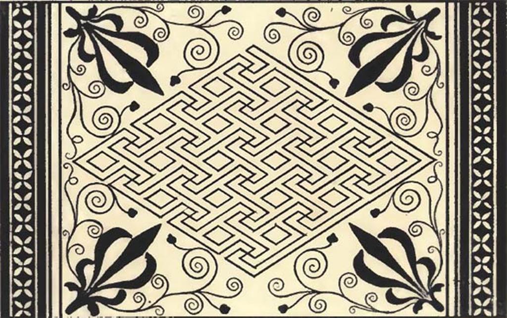 VI.17.36 Pompeii. Mosaic. 
According to Roux, “these two mosaics that occupy the extremity of this page, come from the building called the House of Polybius.
They do not offer any colours other than black and white.
The pattern of the first is quite pleasant; and the Greek lozenge of the second seems to be the same as the Greek square, which would have been compressed by two of its opposing corners and elongated by the other two.”
See Roux, H., 1840. Herculanem et Pompei recueil général des Peintures, Bronzes, Mosaïques: Paris: Didot, Tome 5, 6th series - Mosaics. (p.18), pl.13 item 3. 
See Mazois, F., 1824. Les Ruines de Pompei: Second Partie. Paris: Firmin Didot, p. 52, pl. XIV.