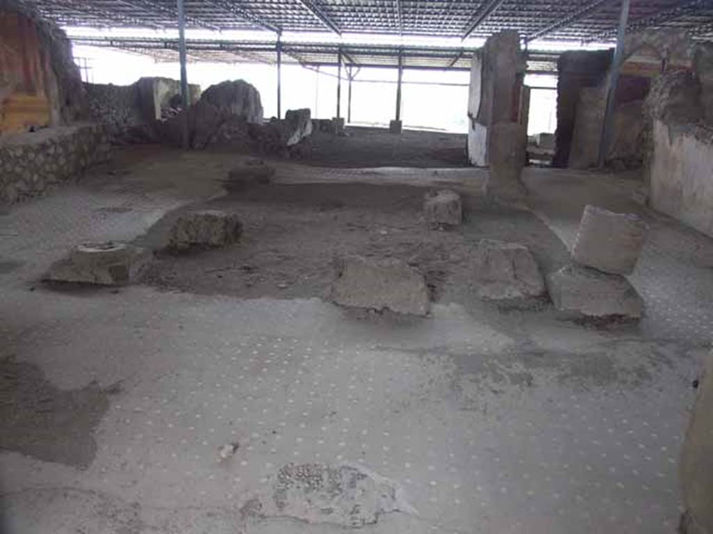 VI.17.41 Pompeii. May 2010. Looking west across atrium.
The flooring was made of a mosaic of black tesserae arranged with the dots of large white tesserae in lines.
A broad band of white tesserae marked the edges of the impluvium. 
On the four corners of the impluvium would have been brick columns covered in stucco.