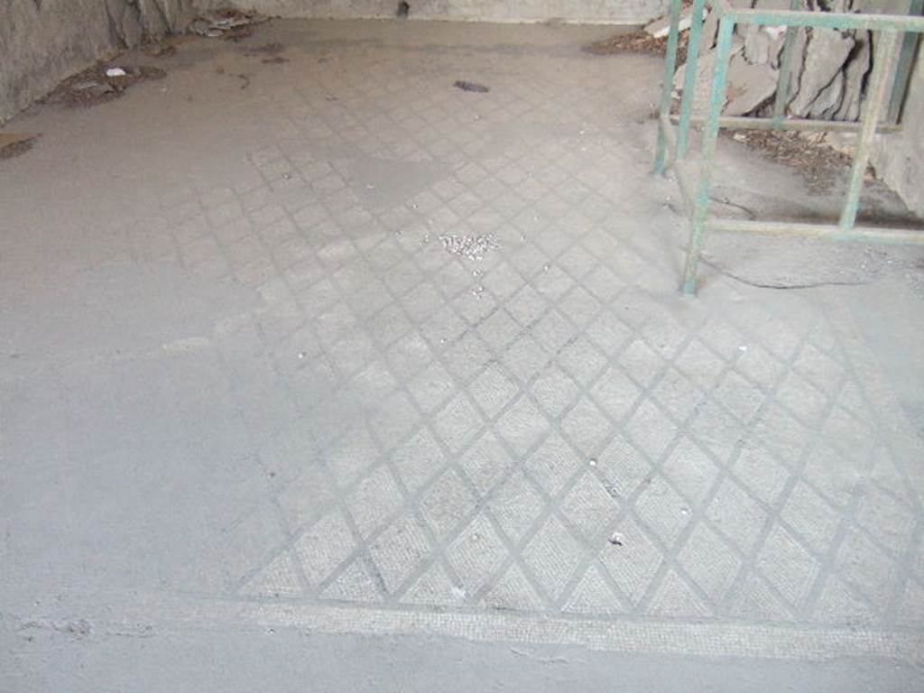 VI.17.41 Pompeii. May 2006. Mosaic floor in triclinium on south side of atrium. 
The mosaic floor of this triclinium was divided into two parts, the anteroom and the main room.
The mosaic in the main room was of a net design of diamond shapes (lozenges) outlined in black on a white background.
It was bordered by two wide bands of black and white mosaic, at the base of the walls the floor was of white mosaic. 
The lack of mosaic (at the lower edge of the photo) was probably due to the removal of the threshold between the anteroom and the main room by the Bourbon excavators.
The mosaic floor of the anteroom was of a “carpet” design edged with a straight black band, in the centre of the “carpet” on a white background, was a pattern of rows of crosses, formed by four small black tesserae.
See Fiorelli G., 1860. Pompeianarum antiquitatum historia, Vol. 1: 1748 - 1818, Naples, 1, pp.97-101.