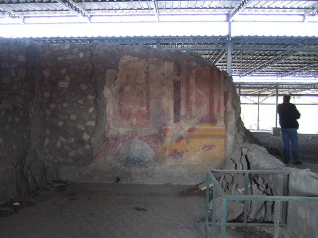 VI.17.41 Pompeii. May 2006. Looking north at west wall of room with painted decoration, on south side of atrium.