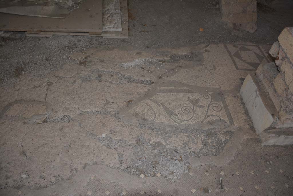 VI.17.41 Pompeii. September 2019. Detail of doorway threshold between atrium and north ala.
On the right is a simple geometric mosaic threshold leading into a corridor on the north side of the atrium.
Foto Annette Haug, ERC Grant 681269 DÉCOR.