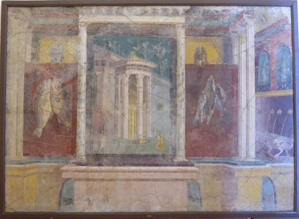 VI.17.41 Pompeii. Found on 6th October 1759 on the south wall of cubiculum 17.  Wall painting of architectural setting with pavilion with two men, two masks, fountain and hanging fish. Now in Naples Archaeological Museum. Inventory number 8594. See Pagano, M. and Prisciandaro, R., 2006. Studio sulle provenienze degli oggetti rinvenuti negli scavi borbonici del regno di Napoli. Naples : Nicola Longobardi. (p.31).
