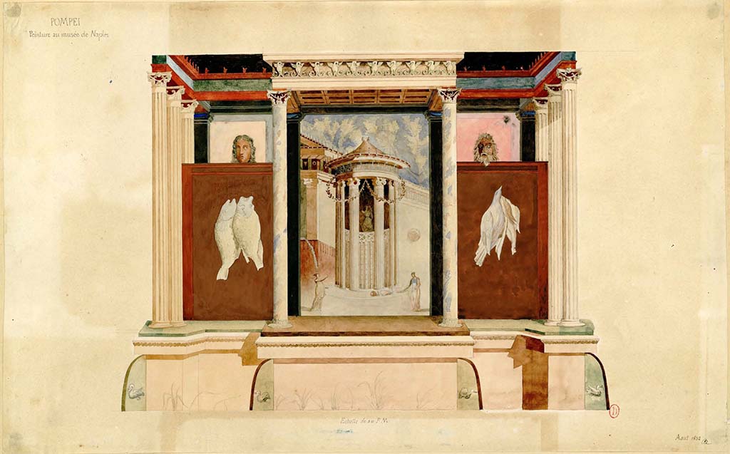 VI.17.41 Pompeii. August 1832. Painted in Naples Museum by Charles Auguste Questel.
Found on 6th October 1759 on the south wall of cubiculum 17 in VI.17.41. 
See Charles-Auguste Questel (1807-1888) Voyage en Italie et Sicile. Août 1831 - novembre 1832, pl. 41/120.
INHA identifiant numérique: NUM MS 512. Document placé sous « Licence Ouverte / Open Licence » Etalab