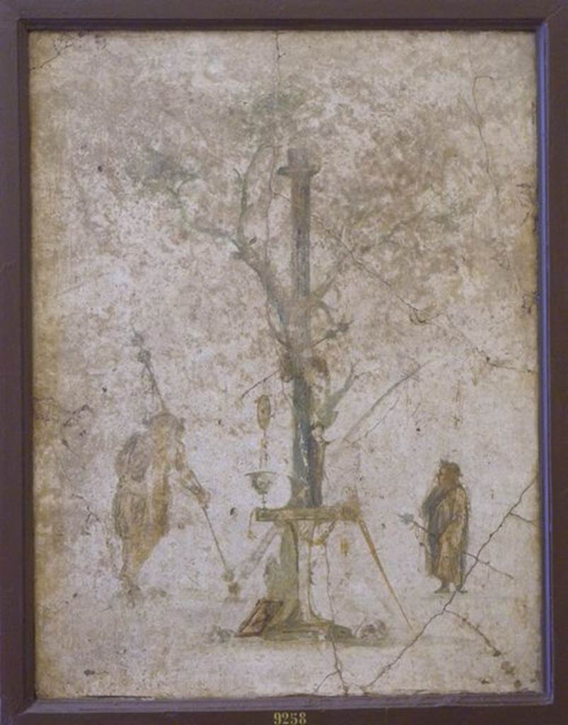 VI.17.41 Pompeii. Found in cubiculum 17 on 17th November 1759. Wall painting of Dionysian rites.
Now in Naples Archaeological Museum. Inventory number 9258.
See Pagano, M. and Prisciandaro, R., 2006. Studio sulle provenienze degli oggetti rinvenuti negli scavi borbonici del regno di Napoli. Naples: Nicola Longobardi. (p.32).
See Helbig, W., 1868. Wandgemälde der vom Vesuv verschütteten Städte Campaniens. Leipzig: Breitkopf und Härtel. (572)
See Antichità di Ercolano: Tomo Quarto: Le Pitture 4, 1765, Tav. XVII, p, 85.