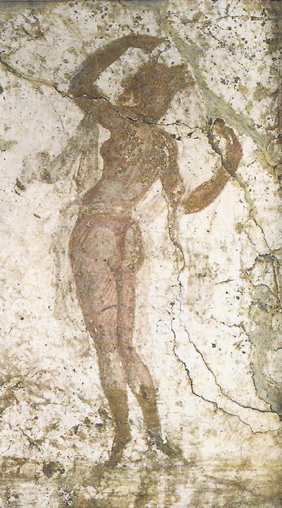 VI.17.41 Pompeii. Fresco of nude maenad found in cubiculum 17.
Now in Naples Archaeological Museum. Inventory number 9291.