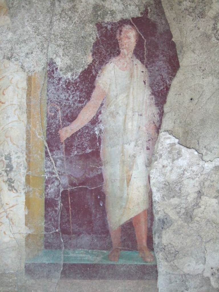 VI.17.41 Pompeii. May 2006. South wall of exedra 18 on north side of cubiculum 17.  
Detail of painting of robed figure on south wall.