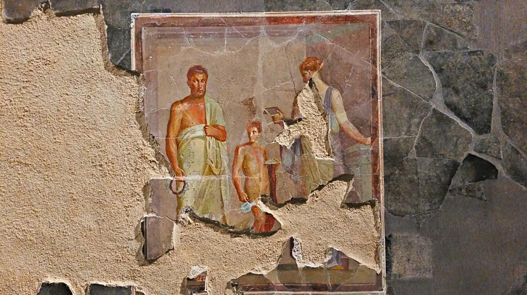 VI.17.42 Pompeii. December 2019.
Central painting, thought to be of the poet Euphorion. 
On display in exhibition “Pompei e Santorini” in Rome, 2019. Photo courtesy of Giuseppe Ciaramella.