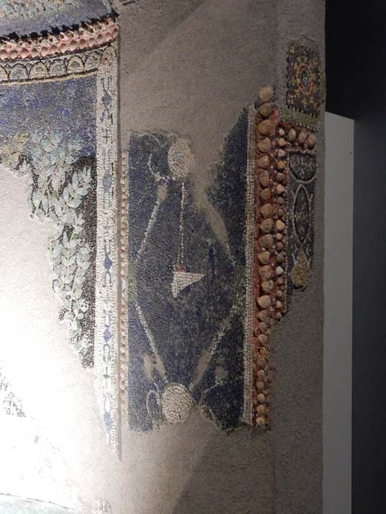 VI.17.42, Pompeii, May 2018. 
Detail of right side of reconstruction of nymphaeum. Photo courtesy of Buzz Ferebee.