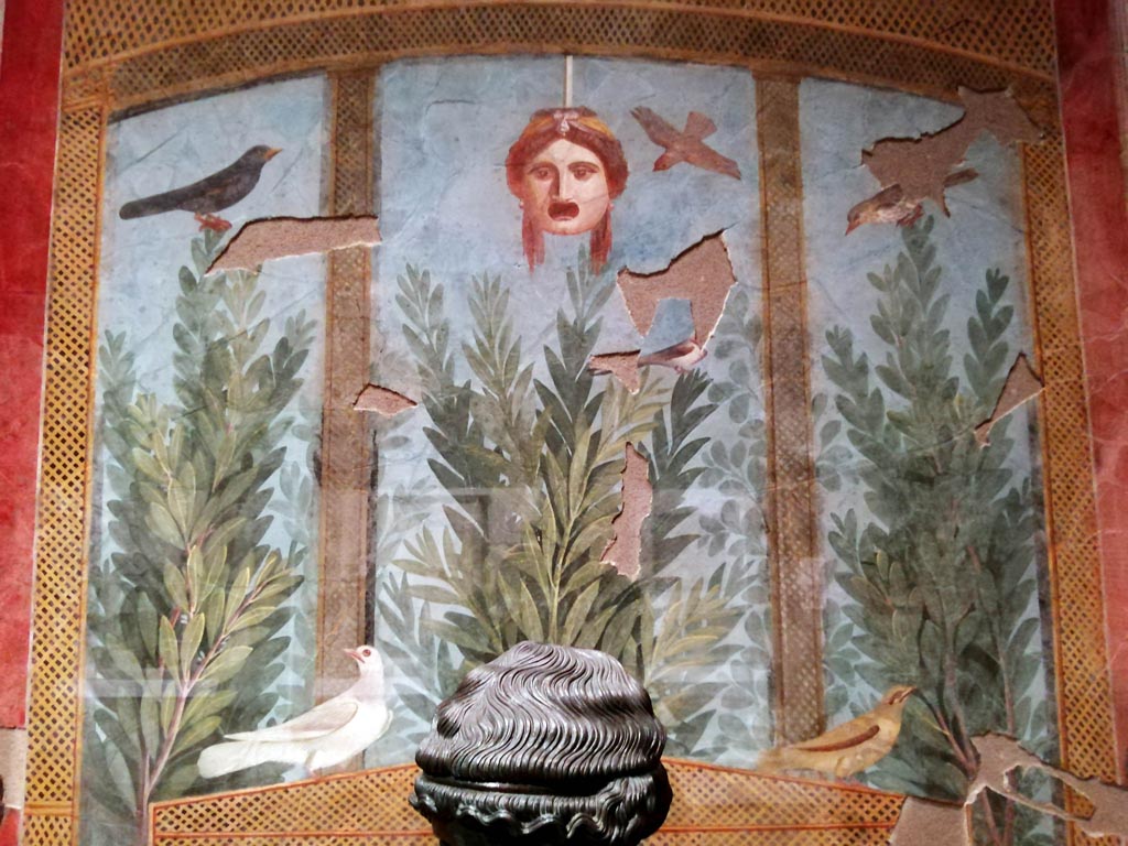 VI.17.42 Pompeii. December 2019. 
Summer triclinium 31, detail of a part of the large fresco which covered the entire south wall. Photo courtesy of Giuseppe Ciaramella.