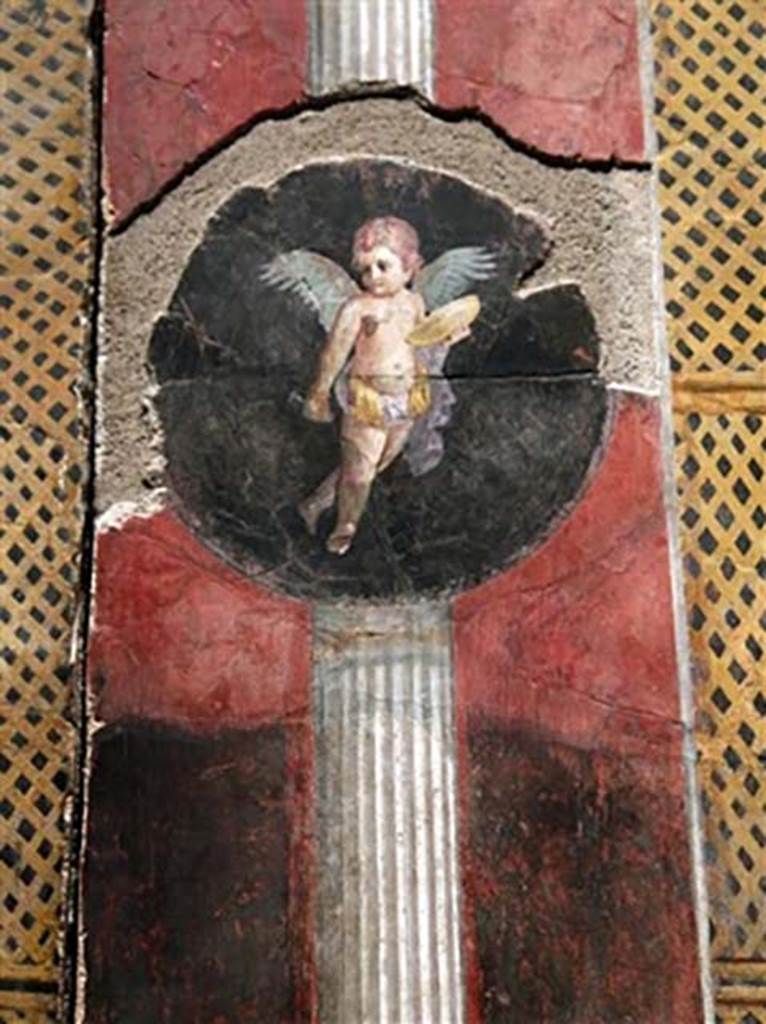 VI.17.42 Pompeii. Summer triclinium 31, south wall, detail of painting of a cupid. 
Detail from the large garden fresco, inventory number 59467.
Photographed at “A Day in Pompeii” exhibition at Melbourne Museum. September 2009.