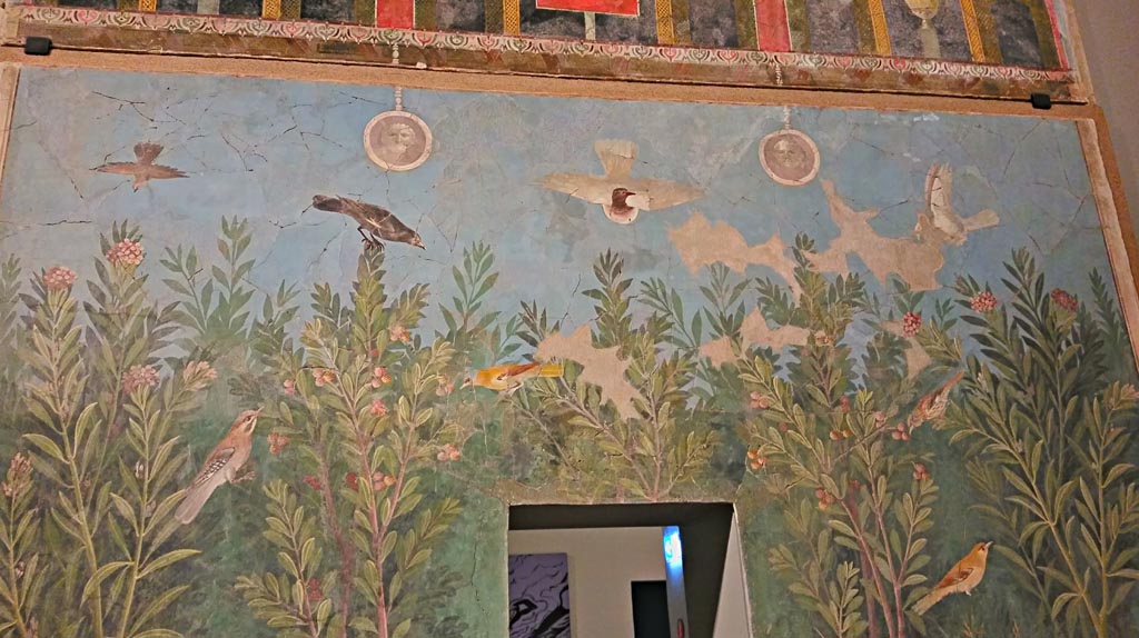 VI.17.42 Pompeii. December 2019. Oecus 32, detail of part of garden fresco from upper east wall. 
On display in exhibition “Pompei e Santorini” in Rome, 2019. Photo courtesy of Giuseppe Ciaramella.