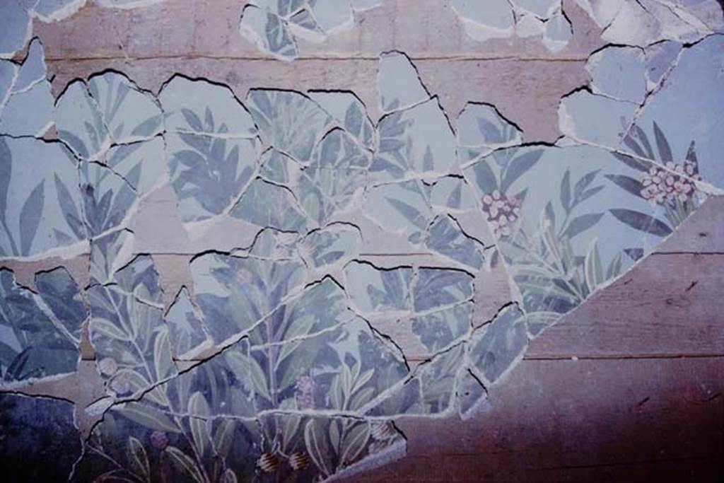 VI.17.42 Pompeii. 1980. Oecus 32. Part of garden fresco from upper part of east wall, during its reconstruction. Photo by Stanley A. Jashemski.   
Source: The Wilhelmina and Stanley A. Jashemski archive in the University of Maryland Library, Special Collections (See collection page) and made available under the Creative Commons Attribution-Non Commercial License v.4. See Licence and use details. J80f0195
