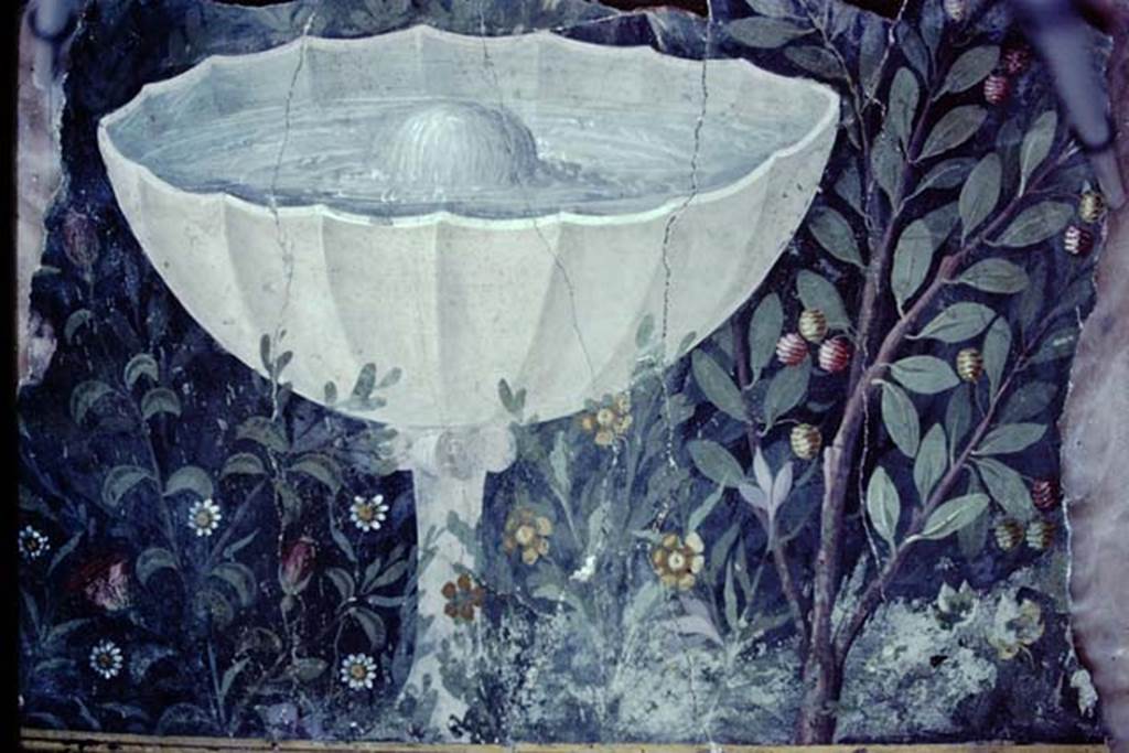 VI.17.42 Pompeii. 1983. Oecus 32, part of garden fresco from north wall during its reconstruiction. Photo by Stanley A. Jashemski.   
Source: The Wilhelmina and Stanley A. Jashemski archive in the University of Maryland Library, Special Collections (See collection page) and made available under the Creative Commons Attribution-Non Commercial License v.4. See Licence and use details. J80f0583
