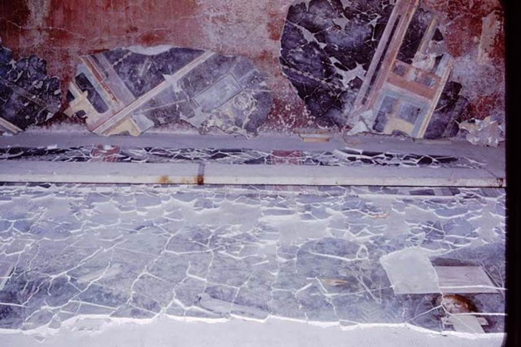 VI.17.42 Pompeii. 1980. Oecus 32, part of garden fresco from north wall, during its reconstruction. Photo by Stanley A. Jashemski.   
Source: The Wilhelmina and Stanley A. Jashemski archive in the University of Maryland Library, Special Collections (See collection page) and made available under the Creative Commons Attribution-Non Commercial License v.4. See Licence and use details. J80f0202