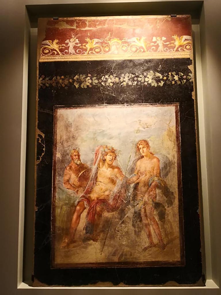 VI.17.42 Pompeii. December 2019. Triclinium 20, central painting from north wall. 
On display in exhibition “Pompei e Santorini”, Rome, 2019. Photo courtesy of Giuseppe Ciaramella.