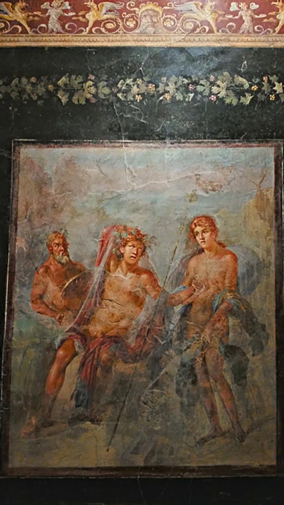 VI.17.42 Pompeii. December 2019.
Fresco showing Dionysus and Ariadne in Naxos, found on the triclinium north wall.
On display in exhibition “Pompei e Santorini” in Rome, 2019. 
According to the information card – this was from the Neronian age 54-68 AD. 
Photo courtesy of Giuseppe Ciaramella.