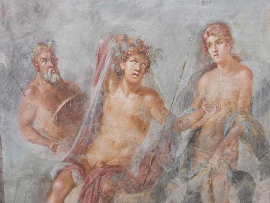 VI.17.42, Pompeii, May 2018. Triclinium 20, detail of Silenus, Dionysus and Ariadne from central painting on north wall. 
Photo courtesy of Buzz Ferebee.