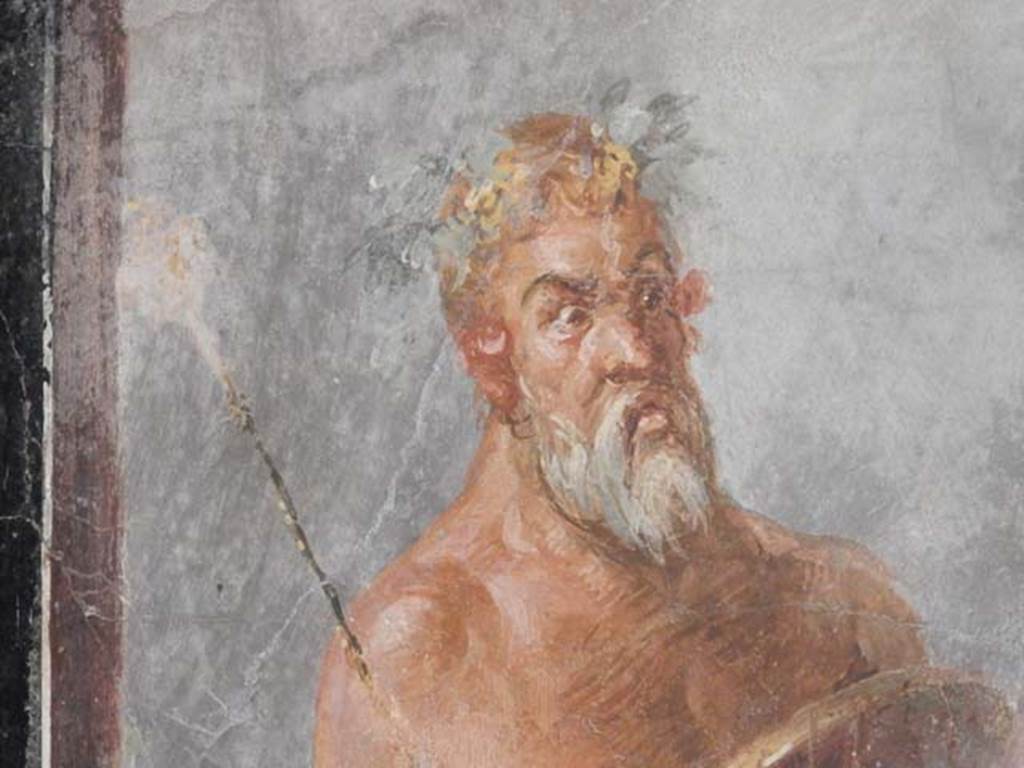 VI.17.42, Pompeii, May 2018. Triclinium 20, detail of Silenus, from central painting on north wall. 
Photo courtesy of Buzz Ferebee.