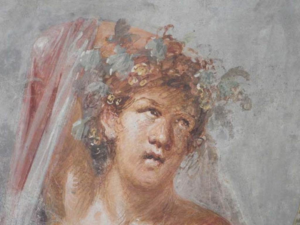 VI.17.42, Pompeii, May 2018. Triclinium 20, detail of Dionysus, from central painting on north wall. 
Photo courtesy of Buzz Ferebee.