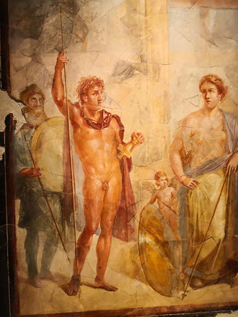 VI.17.42 Pompeii, December 2019.
Triclinium 20, south wall, with central wall painting depicting the wedding of Alexander the Great and Roxanne.
On display in exhibition “Pompei e Santorini” in Rome, 2019. 
According to the information card – from the Neronian age, 54-68AD. Photo courtesy of Giuseppe Ciaramella.