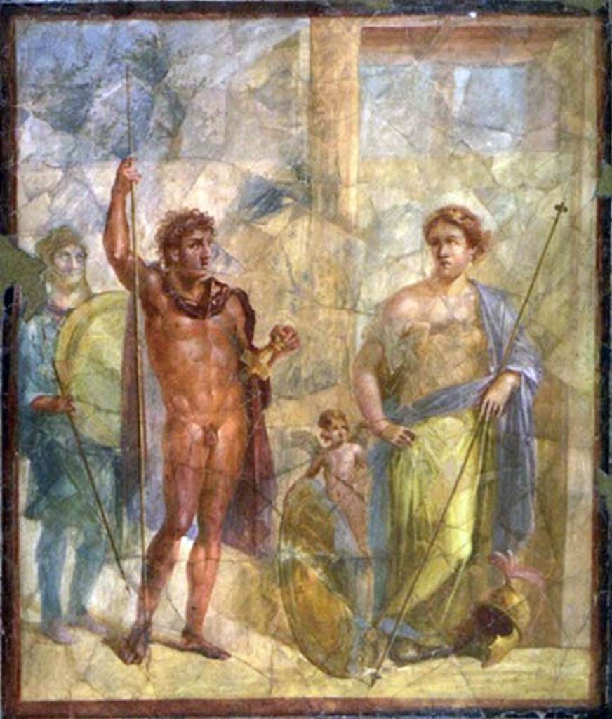 VI.17.42 Pompeii. South wall of triclinium 20 overlooking garden. 
Wall painting known as the wedding of Alexander and Roxanne.
The house was originally named after this painting.
Scholars now debate whether the woman is his first wife Roxanne or his second wife Stateira.
According to Richardson this is from the same room as Bacchus and Ariadne.
See Richardson, L., 2000. A Catalog of Identifiable Figure Painters of Ancient Pompeii, Herculaneum. Baltimore: John Hopkins. (p. 126).