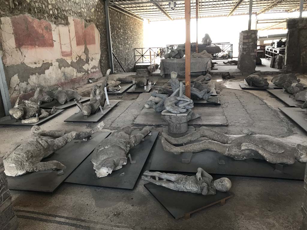 VI.17.42 Pompeii. April 2019. Looking west across atrium, with assortment of body plaster-casts. 
Photo courtesy of Rick Bauer.