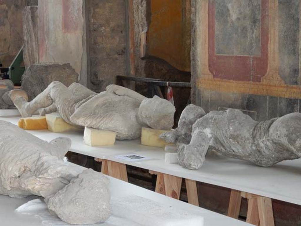 VI.17.42 Pompeii. May 2015. Detail of body-casts on north side of atrium.
The body-cast of the man lying on his back was found near the Stabian Gate.
The woman, lying face-downwards, was found in the northern part of Via Stabiana, near VI.14. Photo courtesy of Buzz Ferebee.