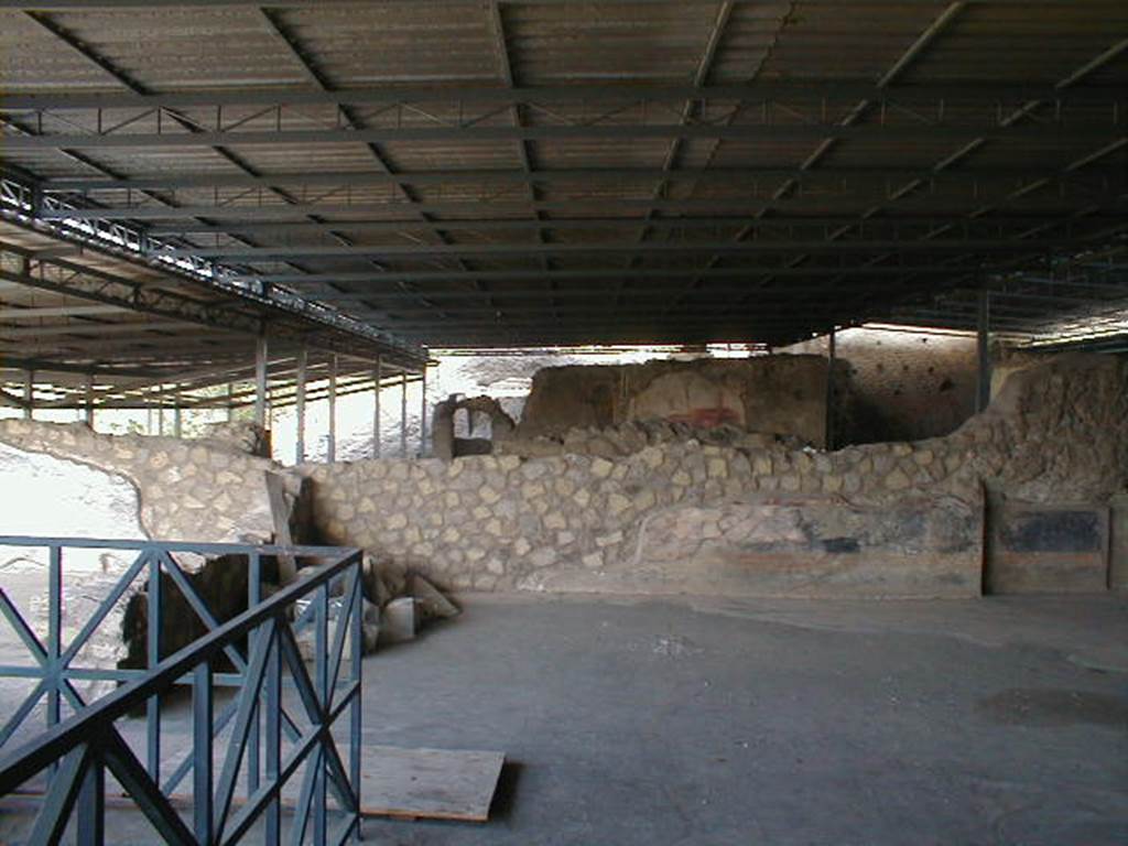 VI.17.42 Pompeii. September 2004. Triclinium 9, looking north on upper level.
In the north wall at the east end (on right), the decorated recess for the couch can be seen, as well as remains of the flooring.
On a black plinth, a yellow moulded cornice marks the attachment of the black zoccolo/dado closed at the top by a red band. 
See Carratelli, G. P., 1990-2003. Pompei: Pitture e Mosaici.VI. (6). Roma: Istituto della enciclopedia italiana, p. 59.