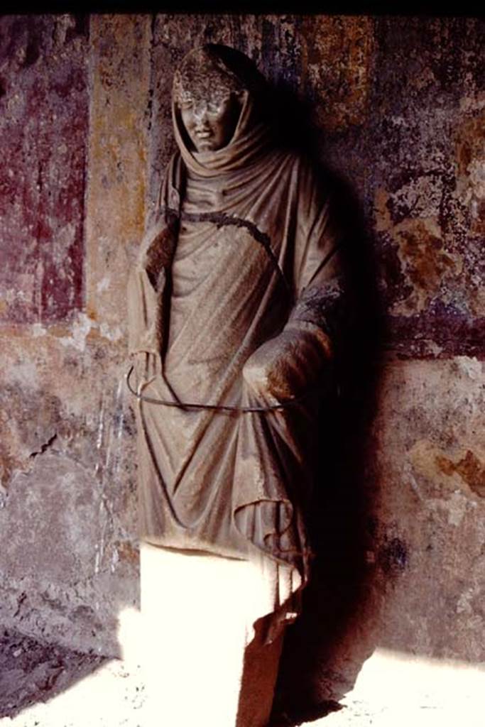 VII.1.8 Pompeii. 1984. Statue of a woman in north portico B. 
Source: The Wilhelmina and Stanley A. Jashemski archive in the University of Maryland Library, Special Collections (See collection page) and made available under the Creative Commons Attribution-Non-Commercial License v.4. See Licence and use details.
J84f0019