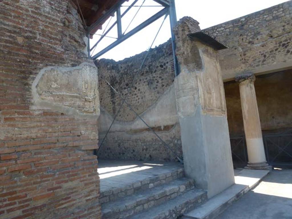 VII.1.8 Pompeii. June 2012. Entrance to nymphaeum G in north-west corner of gymnasium C. Room R and corridor H leading to the entrance at VII.1.51 can be seen behind. Photo courtesy of Michael Binns.