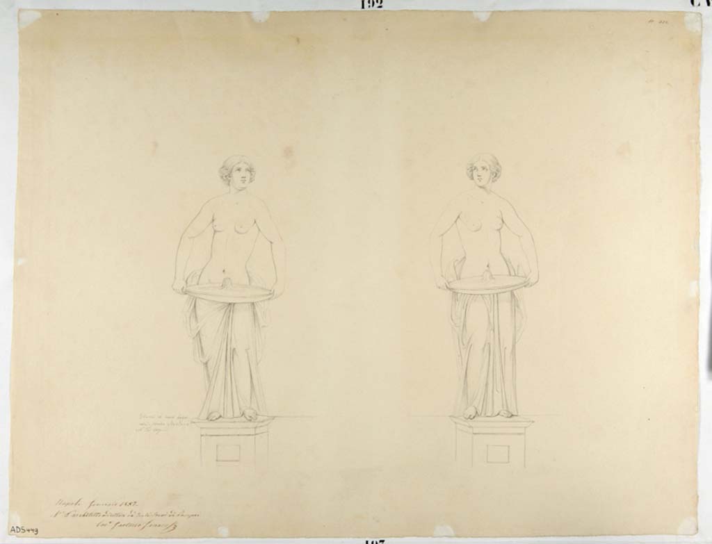 VII.1.8 Pompeii. Drawing by Nicola La Volpe, of painted figures/statues from garden scene. 
The walls of both rooms F and G were painted with garden scenes.
These two statue/fountains may have been drawn from two of the ones visible on the west wall of room F.
Now in Naples Archaeological Museum. Inventory number ADS 449.
Photo © ICCD. http://www.catalogo.beniculturali.it
Utilizzabili alle condizioni della licenza Attribuzione - Non commerciale - Condividi allo stesso modo 2.5 Italia (CC BY-NC-SA 2.5 IT)