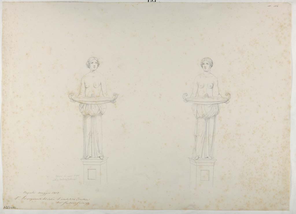 VII.1.8 Pompeii. Drawing by Nicola La Volpe, of painted figures/statues from garden scene. 
The walls of both rooms F and G were painted with garden scenes.
These two statue/fountains are similar but not identical to the ones above in ADS 449, so were another two seen on the walls of the rooms, but now more or less completely disappeared.   
Now in Naples Archaeological Museum. Inventory number ADS 450.
Photo © ICCD. http://www.catalogo.beniculturali.it
Utilizzabili alle condizioni della licenza Attribuzione - Non commerciale - Condividi allo stesso modo 2.5 Italia (CC BY-NC-SA 2.5 IT)