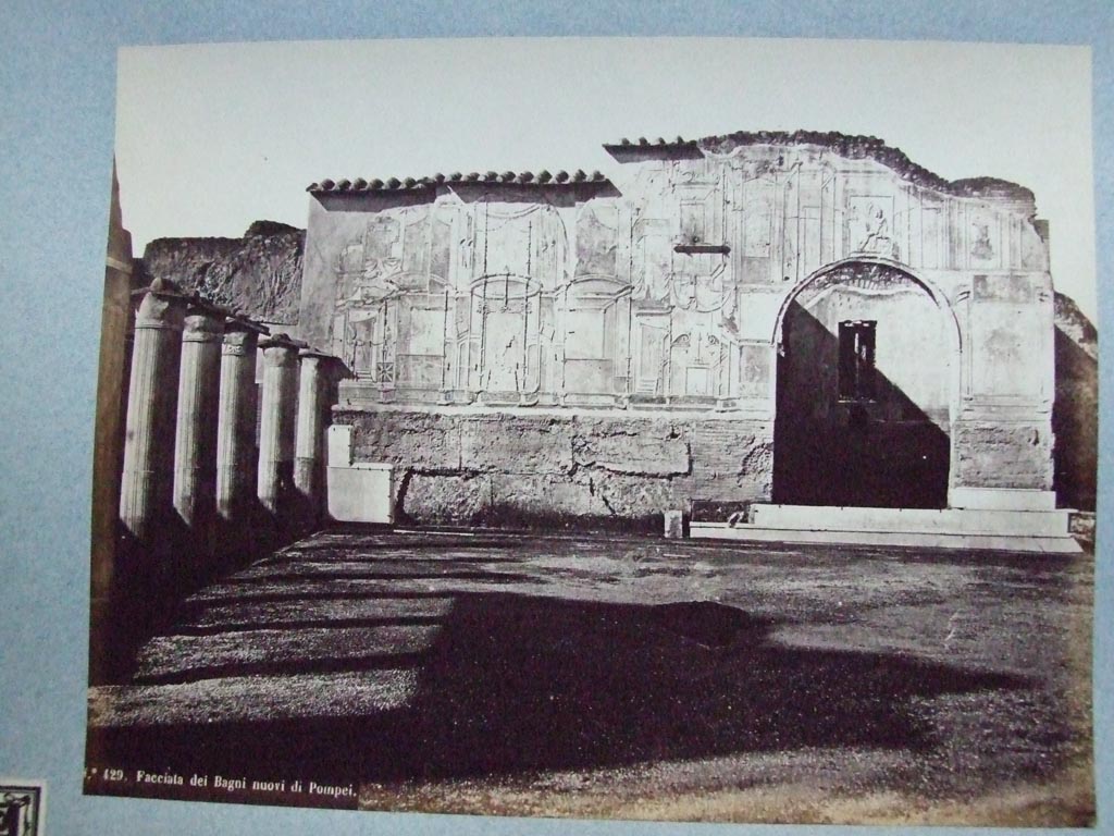 VII.1.8 Pompeii Stabian Baths. South-west corner of gymnasium C with stucco plasterwork. 
On the left is portico B, leading to destrictarium E and on the right is nymphaeum F. 
Old undated photograph courtesy of the Society of Antiquaries, Fox Collection.