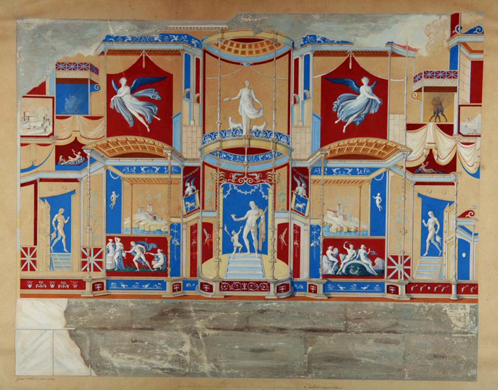 VII.1.8 Pompeii. Watercolour by Giuseppe Abbate, 1859, of wall in south-west corner of gymnasium C. 
Now in Naples Archaeological Museum. Inventory number ADS 438.
Photo © ICCD. http://www.catalogo.beniculturali.it
Utilizzabili alle condizioni della licenza Attribuzione - Non commerciale - Condividi allo stesso modo 2.5 Italia (CC BY-NC-SA 2.5 IT)