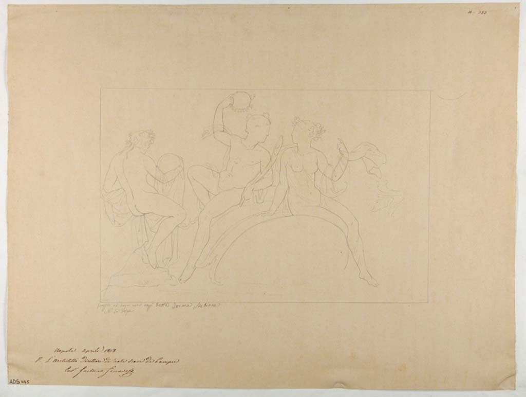 VII.1.8 Pompeii. Drawing by Nicola La Volpe, of the stucco perhaps showing Perseus and Andromeda, or a seated Satyr and Maenad. 
This would have been seen on the north side of the central stucco of Hercules on the west wall.
Now in Naples Archaeological Museum. Inventory number ADS 445.
Photo © ICCD. http://www.catalogo.beniculturali.it
Utilizzabili alle condizioni della licenza Attribuzione - Non commerciale - Condividi allo stesso modo 2.5 Italia (CC BY-NC-SA 2.5 IT)