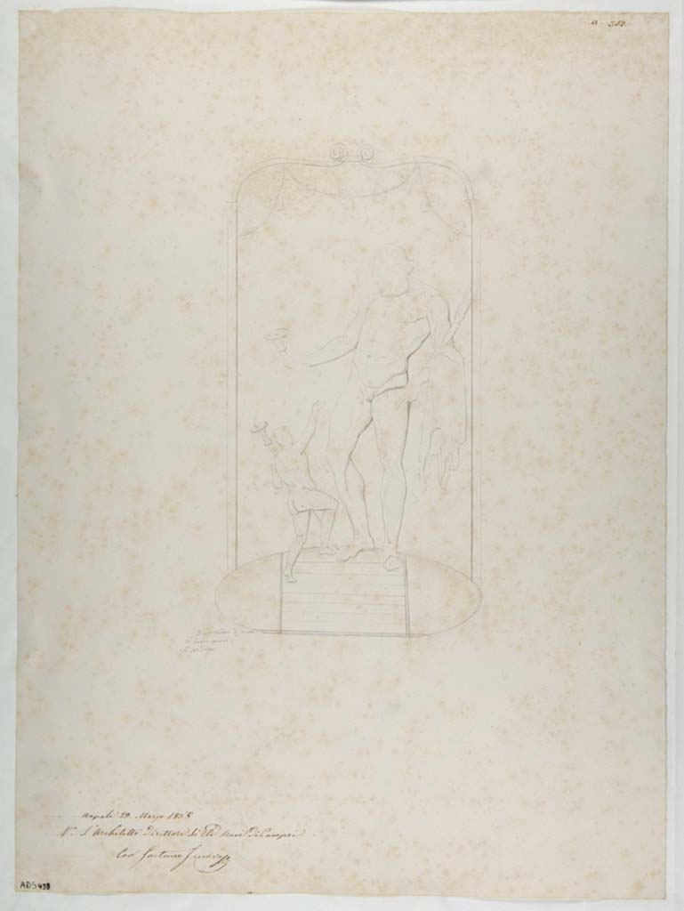 VII.1.8 Pompeii. Drawing by Nicola La Volpe, of the stucco showing Hercules, from centre of the stucco on the west wall. 
Now in Naples Archaeological Museum. Inventory number ADS 439.
Photo © ICCD. http://www.catalogo.beniculturali.it
Utilizzabili alle condizioni della licenza Attribuzione - Non commerciale - Condividi allo stesso modo 2.5 Italia (CC BY-NC-SA 2.5 IT)