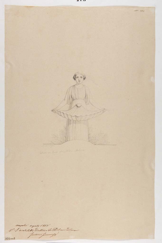 VII.1.8 Pompeii. Drawing by Nicola La Volpe,1855, of painted statue of a nymph-fountain. 
The west walls of both rooms E and F were subdivided into three parts and showing a statue supporting a basin with a garden scene behind. Now in Naples Archaeological Museum. Inventory number ADS 448.
Photo © ICCD. http://www.catalogo.beniculturali.it
Utilizzabili alle condizioni della licenza Attribuzione - Non commerciale - Condividi allo stesso modo 2.5 Italia (CC BY-NC-SA 2.5 IT)